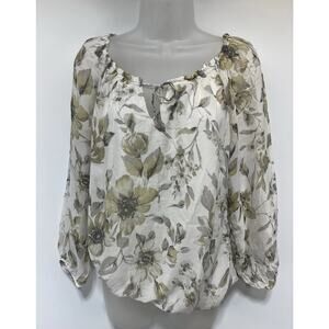 Rosemarine Made Italy Ivory Olive Silk Floral Print L/Sleeve Lined Blouse Top L